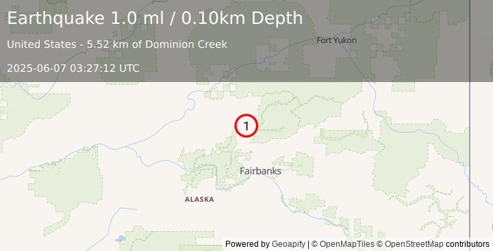 Earthquake 19 km ESE of Livengood, Alaska (1.0 ml) (2025-06-07 03:27:12 UTC)