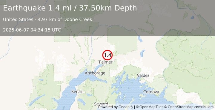 Earthquake 12 km WNW of Sutton-Alpine, Alaska (1.4 ml) (2025-06-07 04:34:15 UTC)