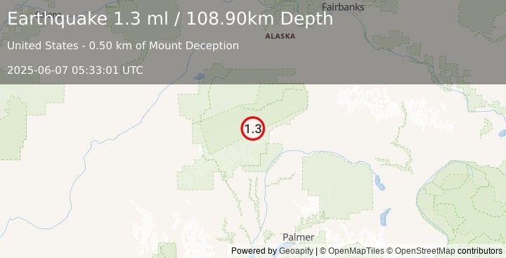 Earthquake 73 km SE of Denali National Park, Alaska (1.3 ml) (2025-06-07 05:33:01 UTC)