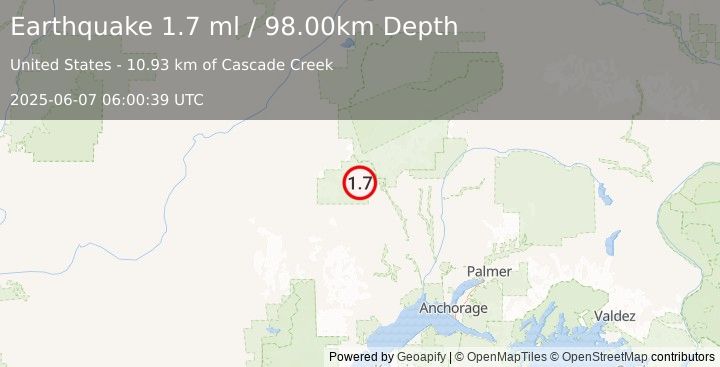 Earthquake 61 km W of Petersville, Alaska (1.7 ml) (2025-06-07 06:00:39 UTC)