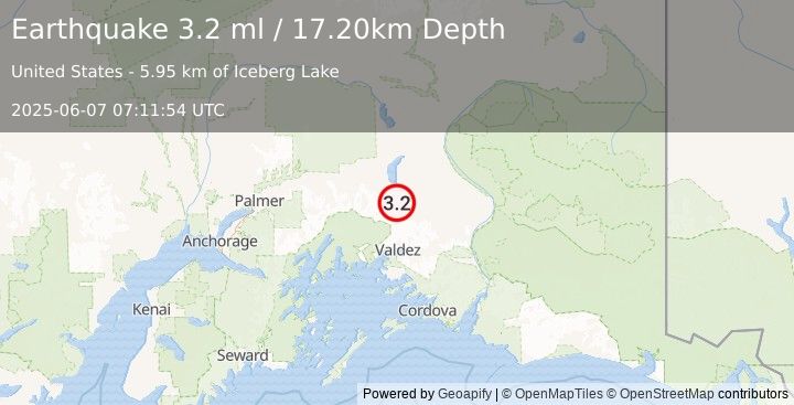 Earthquake 50 km N of Valdez, Alaska (3.2 ml) (2025-06-07 07:11:54 UTC)
