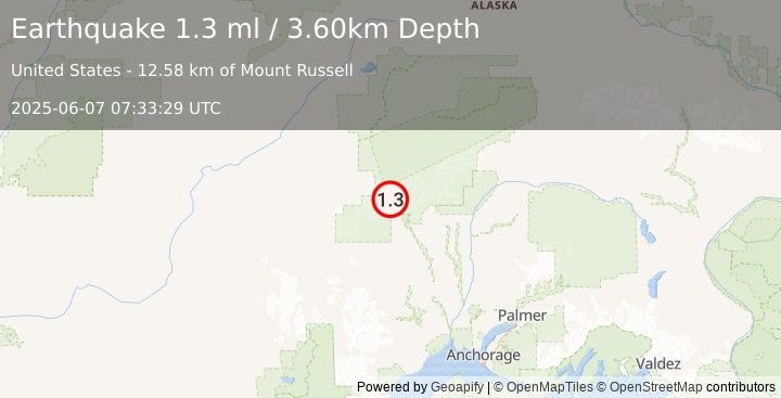 Earthquake 56 km WNW of Petersville, Alaska (1.3 ml) (2025-06-07 07:33:29 UTC)