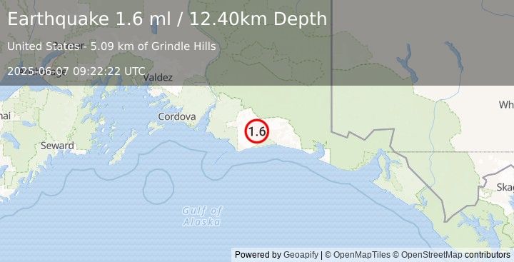 Earthquake 125 km S of McCarthy, Alaska (1.6 ml) (2025-06-07 09:22:22 UTC)