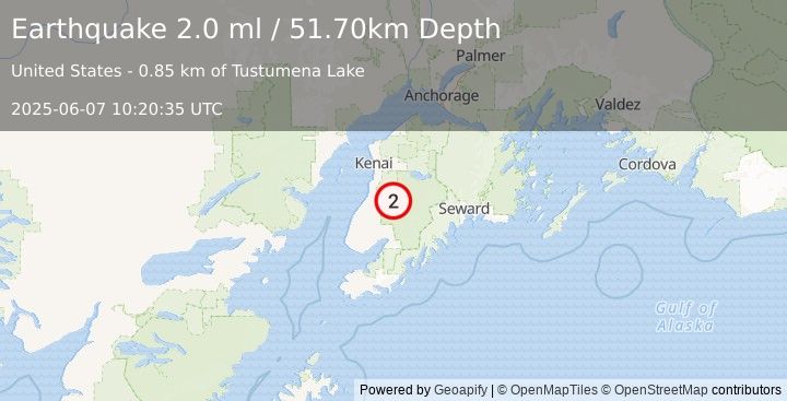 Earthquake 29 km SE of Kasilof, Alaska (2.0 ml) (2025-06-07 10:20:35 UTC)