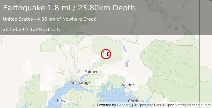 Earthquake 48 km NNW of Glacier View, Alaska (1.8 ml) (2025-06-07 12:04:51 UTC)