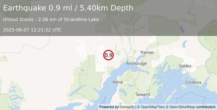 Earthquake 60 km SSW of Skwentna, Alaska (0.9 ml) (2025-06-07 12:21:52 UTC)