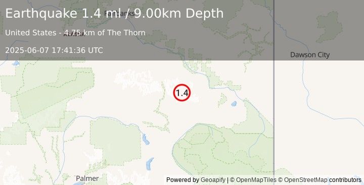 Earthquake 39 km SSW of Dry Creek, Alaska (1.4 ml) (2025-06-07 17:41:36 UTC)