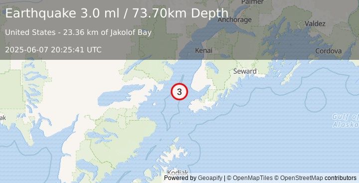Earthquake 31 km WSW of Anchor Point, Alaska (3.0 ml) (2025-06-07 20:25:41 UTC)
