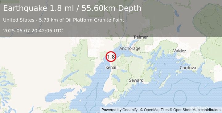 Earthquake 16 km SSW of Tyonek, Alaska (1.8 ml) (2025-06-07 20:42:06 UTC)