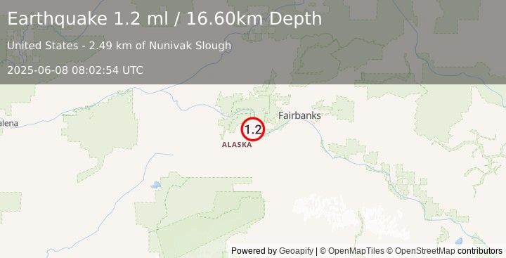 Earthquake 6 km NNW of Four Mile Road, Alaska (1.2 ml) (2025-06-08 08:02:54 UTC)