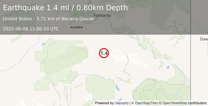 Earthquake 67 km ESE of Denali Park, Alaska (1.4 ml) (2025-06-08 11:00:10 UTC)