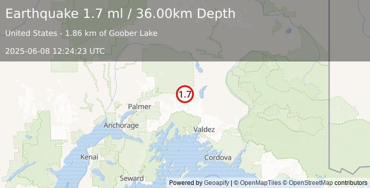 Earthquake 9 km S of Eureka Roadhouse, Alaska (1.7 ml) (2025-06-08 12:24:23 UTC)