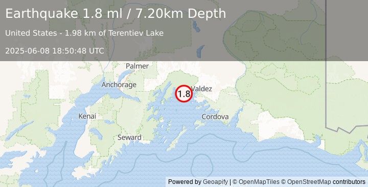 Earthquake 29 km NW of Tatitlek, Alaska (1.8 ml) (2025-06-08 18:50:48 UTC)