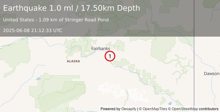 Earthquake 6 km S of Eielson Air Force Base, Alaska (1.0 ml) (2025-06-08 21:12:33 UTC)