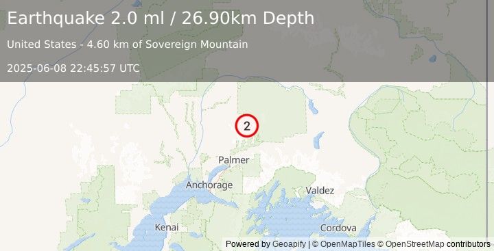 Earthquake 37 km NNW of Chickaloon, Alaska (2.0 ml) (2025-06-08 22:45:57 UTC)