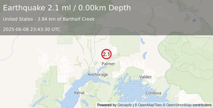 Earthquake 21 km N of Fishhook, Alaska (2.1 ml) (2025-06-08 23:43:30 UTC)