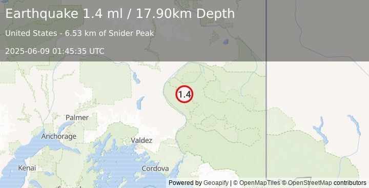 Earthquake 43 km E of Silver Springs, Alaska (1.4 ml) (2025-06-09 01:45:35 UTC)