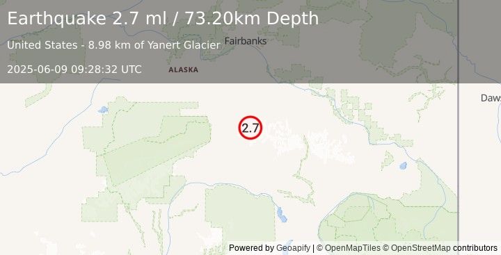 Earthquake 67 km E of Denali Park, Alaska (2.7 ml) (2025-06-09 09:28:32 UTC)