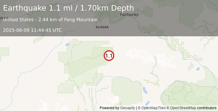 Earthquake 20 km NW of Cantwell, Alaska (1.1 ml) (2025-06-09 11:44:45 UTC)