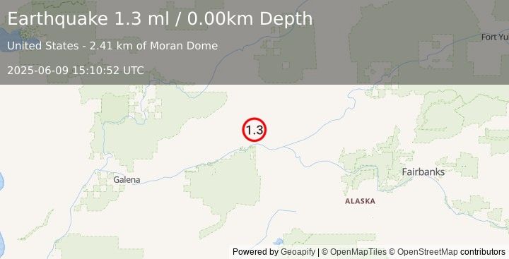 Earthquake 47 km WNW of Tanana, Alaska (1.3 ml) (2025-06-09 15:10:52 UTC)