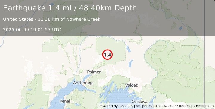 Earthquake 48 km NNE of Chickaloon, Alaska (1.4 ml) (2025-06-09 19:01:57 UTC)
