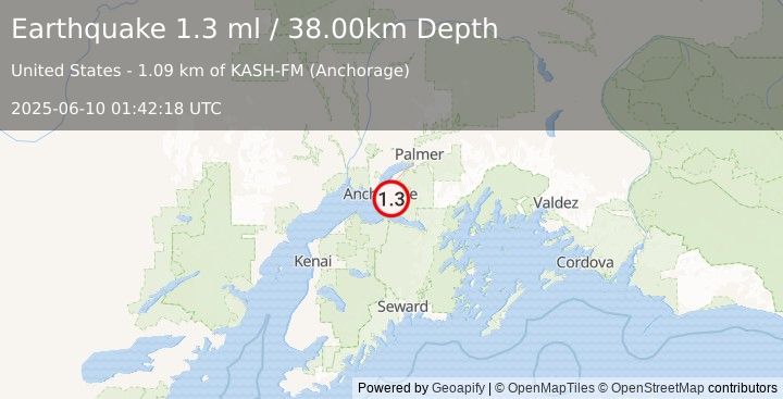 Earthquake 11 km S of Elmendorf Air Force Base, Alaska (1.3 ml) (2025-06-10 01:42:18 UTC)