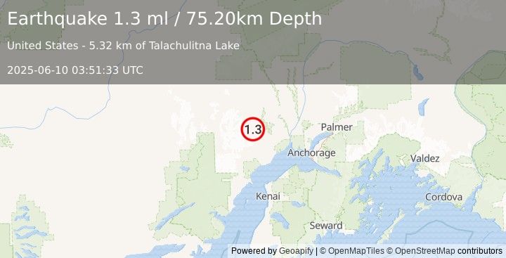 Earthquake 50 km SSW of Skwentna, Alaska (1.3 ml) (2025-06-10 03:51:33 UTC)