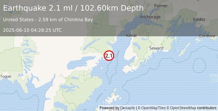 Earthquake 59 km W of Anchor Point, Alaska (2.1 ml) (2025-06-10 04:28:25 UTC)
