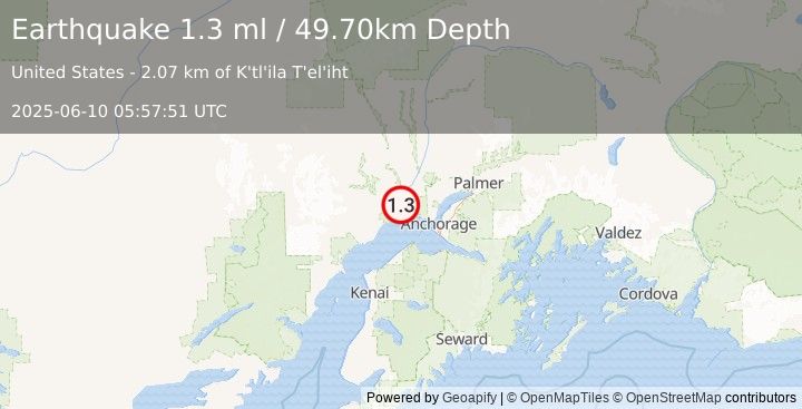 Earthquake 17 km SSW of Susitna, Alaska (1.3 ml) (2025-06-10 05:57:51 UTC)