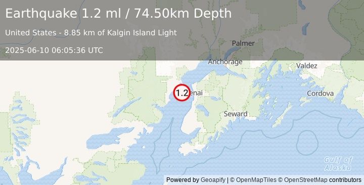 Earthquake 25 km WSW of Salamatof, Alaska (1.2 ml) (2025-06-10 06:05:36 UTC)