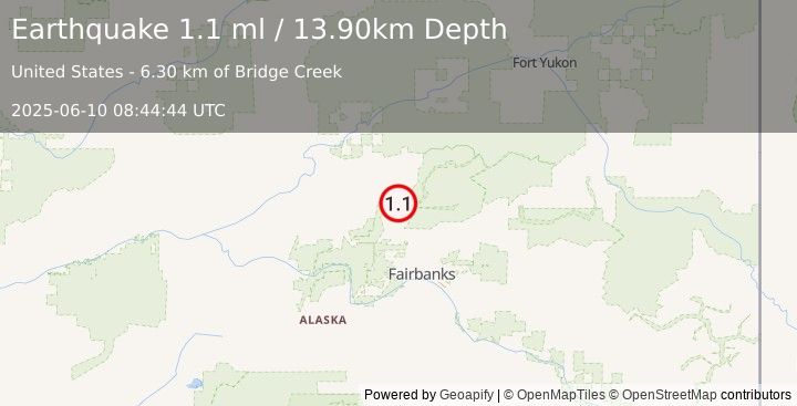 Earthquake 20 km ESE of Livengood, Alaska (1.1 ml) (2025-06-10 08:44:44 UTC)