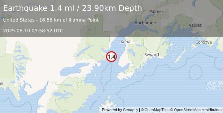 Earthquake 32 km WNW of Happy Valley, Alaska (1.4 ml) (2025-06-10 09:58:52 UTC)