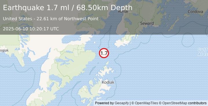 Earthquake 63 km SW of Nanwalek, Alaska (1.7 ml) (2025-06-10 10:20:17 UTC)
