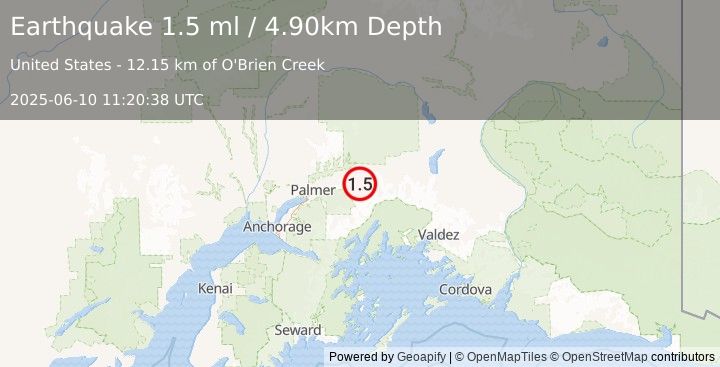Earthquake 25 km SE of Chickaloon, Alaska (1.5 ml) (2025-06-10 11:20:38 UTC)