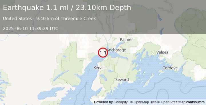 Earthquake 9 km ESE of Beluga, Alaska (1.1 ml) (2025-06-10 11:39:29 UTC)