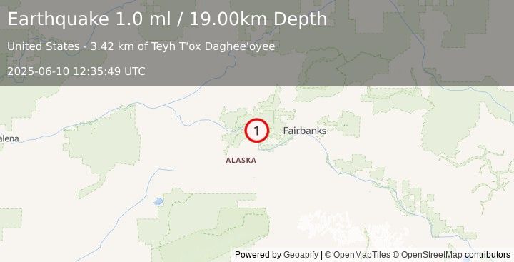 Earthquake 25 km N of Four Mile Road, Alaska (1.0 ml) (2025-06-10 12:35:49 UTC)