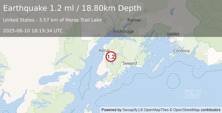 Earthquake 18 km S of Funny River, Alaska (1.2 ml) (2025-06-10 18:19:34 UTC)