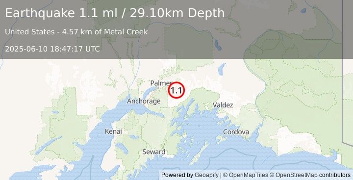 Earthquake 25 km E of Knik River, Alaska (1.1 ml) (2025-06-10 18:47:17 UTC)