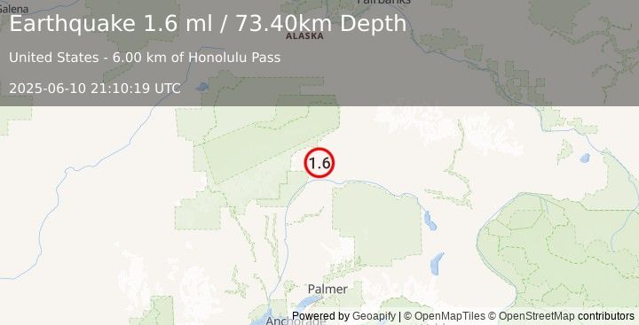 Earthquake 41 km SSW of Cantwell, Alaska (1.6 ml) (2025-06-10 21:10:19 UTC)