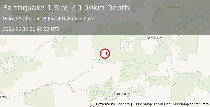 Earthquake 9 km NNE of Stevens Village, Alaska (1.6 ml) (2025-06-10 21:40:22 UTC)