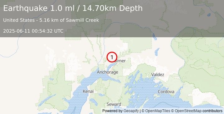 Earthquake 10 km N of Meadow Lakes, Alaska (1.0 ml) (2025-06-11 00:54:32 UTC)