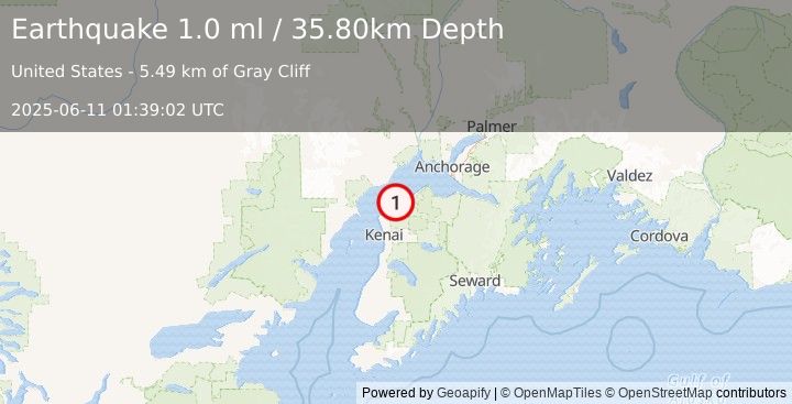 Earthquake 18 km WSW of Point Possession, Alaska (1.0 ml) (2025-06-11 01:39:02 UTC)
