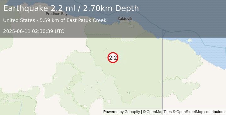 Earthquake 111 km SSW of Kaktovik, Alaska (2.2 ml) (2025-06-11 02:30:39 UTC)