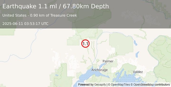 Earthquake 26 km WSW of Petersville, Alaska (1.1 ml) (2025-06-11 03:53:17 UTC)