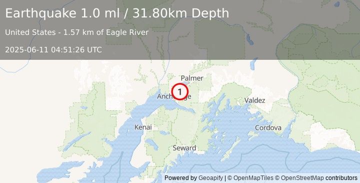 Earthquake 3 km WSW of Eagle River, Alaska (1.0 ml) (2025-06-11 04:51:26 UTC)