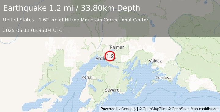 Earthquake 3 km SSW of Eagle River, Alaska (1.2 ml) (2025-06-11 05:35:04 UTC)