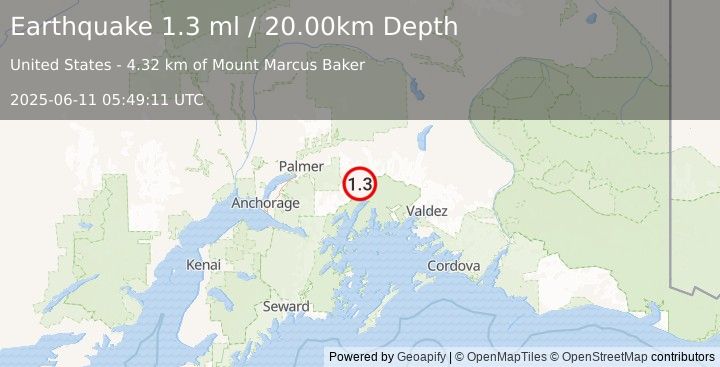Earthquake 44 km SSW of Glacier View, Alaska (1.3 ml) (2025-06-11 05:49:11 UTC)