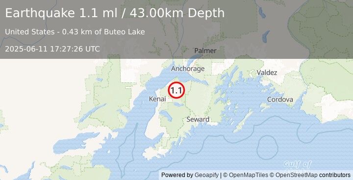 Earthquake 25 km SE of Point Possession, Alaska (1.1 ml) (2025-06-11 17:27:26 UTC)