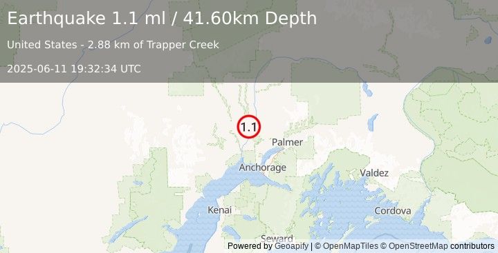 Earthquake 18 km WNW of Willow, Alaska (1.1 ml) (2025-06-11 19:32:34 UTC)