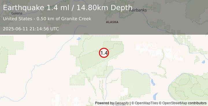 Earthquake 67 km W of Cantwell, Alaska (1.4 ml) (2025-06-11 21:14:56 UTC)